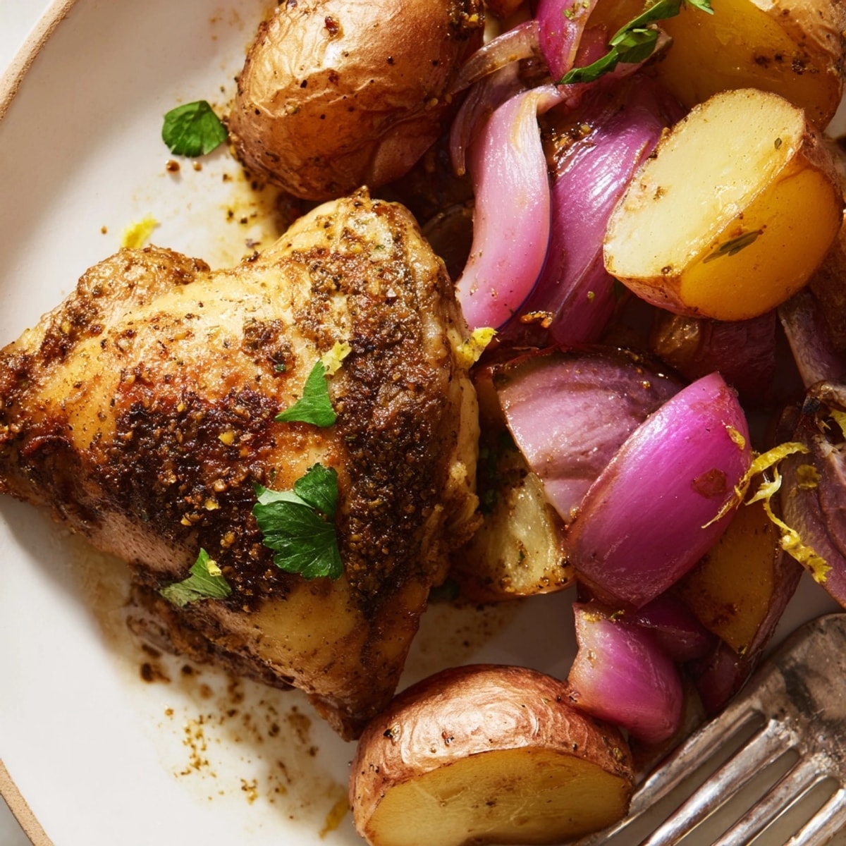 A close-up shows tender Sheet Pan Zaatar Chicken, skin glistening, nestled among roasted potatoes.