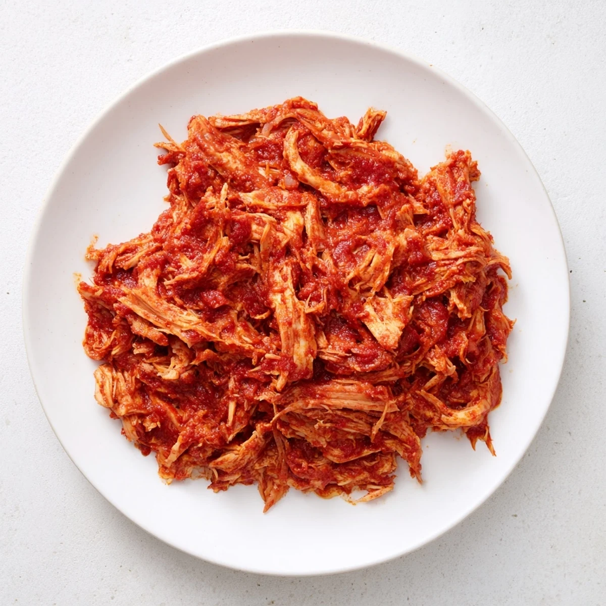 Tender Slow Cooker Salsa Chicken, glistening with salsa juices, piled high on a plate and ready to eat.