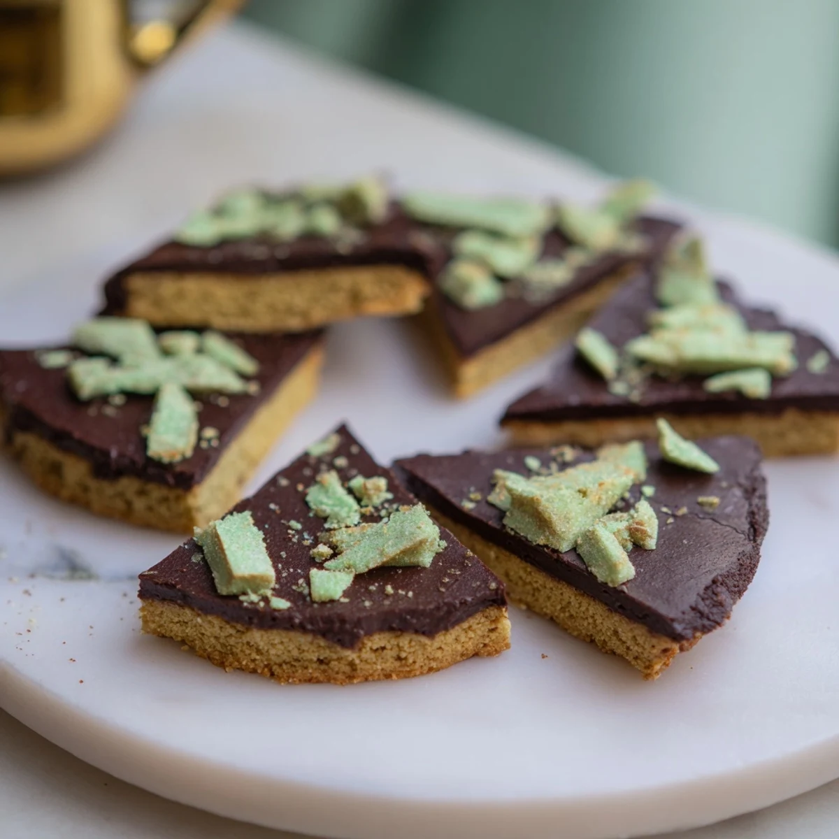 Warm chocolate peppermint shortbread wedges arranged on a cooling rack, perfect for holiday baking enjoyment.