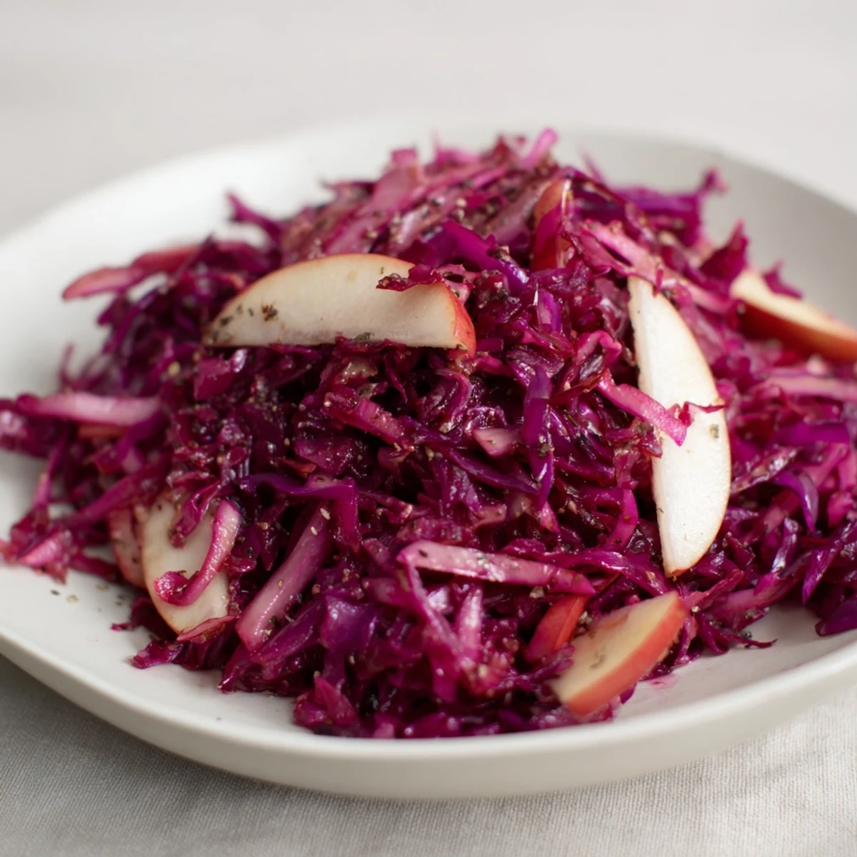 Steaming bowl of Sweet & Sour Bavarian Red Cabbage and Apple, a comforting fall recipe.