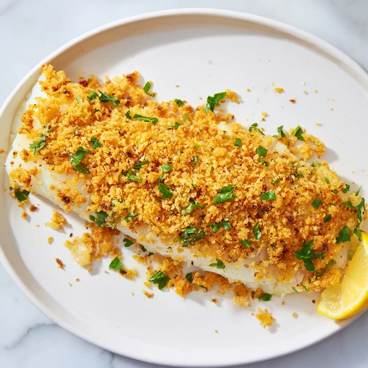 Flaky golden baked cod with a crispy Ritz cracker topping, ready to serve with lemon.