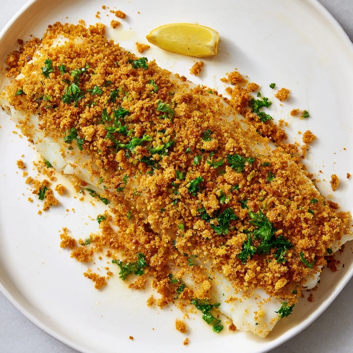 Close-up of golden baked cod, showing the flaky fish and buttery cracker crust's textures.