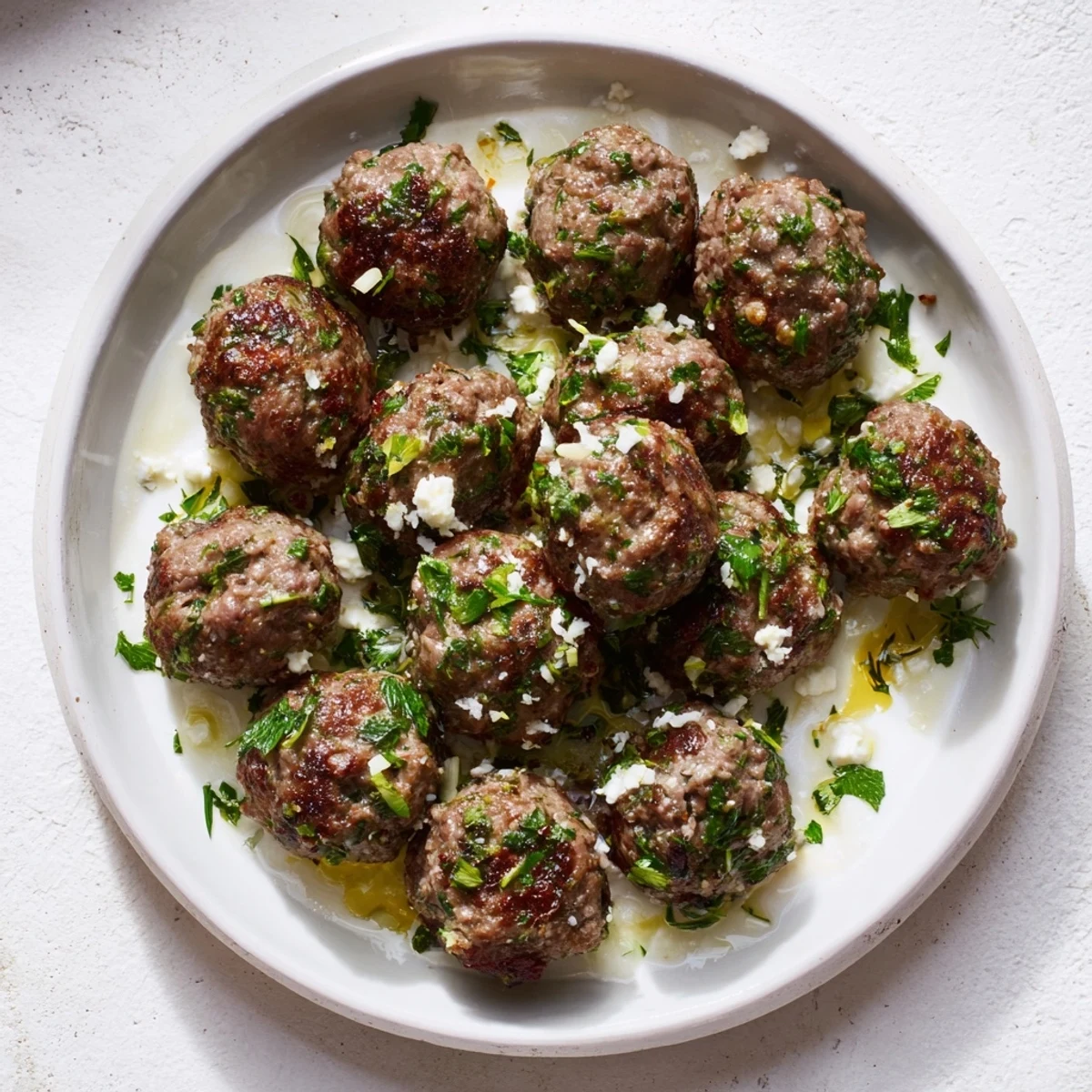 A plate of flavorful Instant Pot Greek Meatballs smothered in tangy lemon-feta sauce, ready to serve and enjoy.