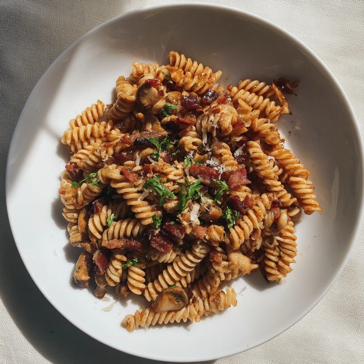 Close-up of a flavorful fusilli with bacon, onions, and mushrooms; a quick, easy, and delicious meal.