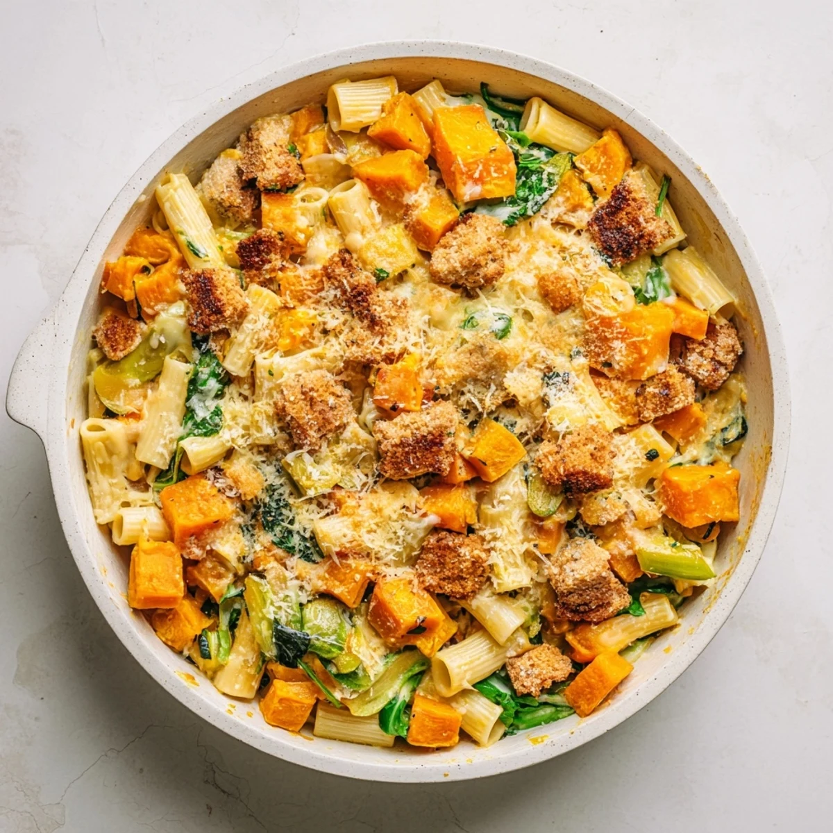 Golden, bubbly Butternut Squash Pasta Bake, showing melted cheese and roasted squash pieces.