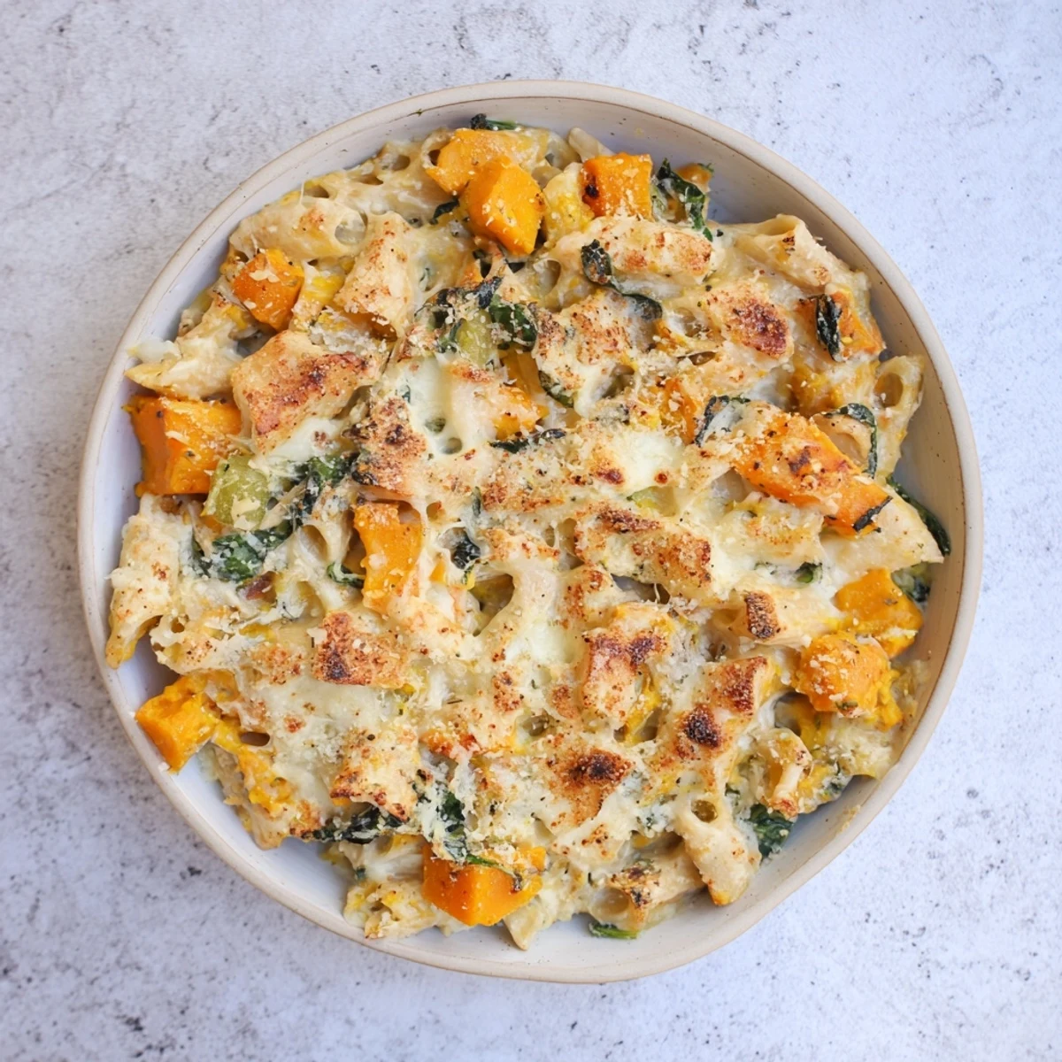 Delicious, one-pot Butternut Squash Pasta Bake, ready to serve with a fluffy, golden crust.