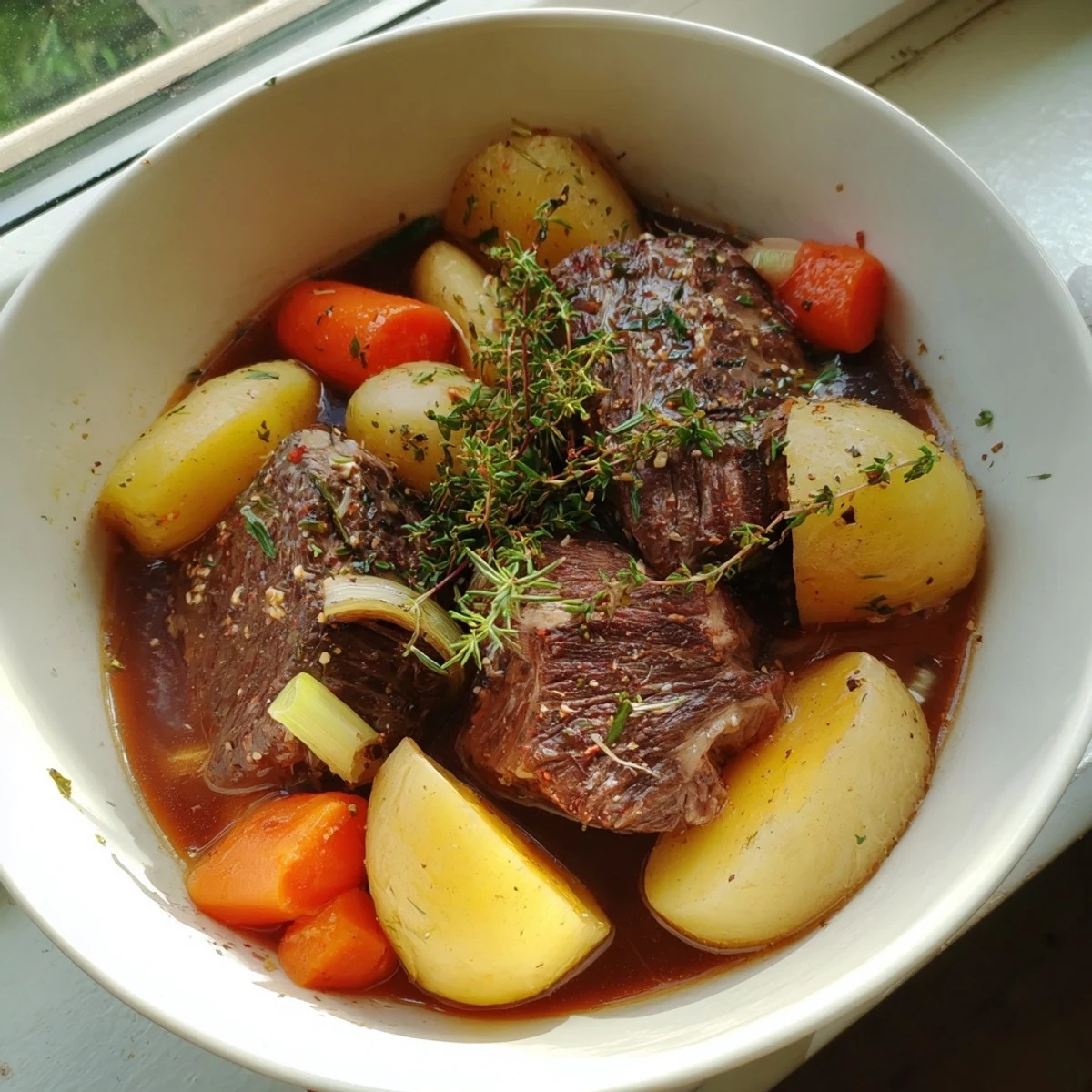 Aromatic Authentic Pot-au-Feu: a steaming bowl filled with tender beef and root vegetables.