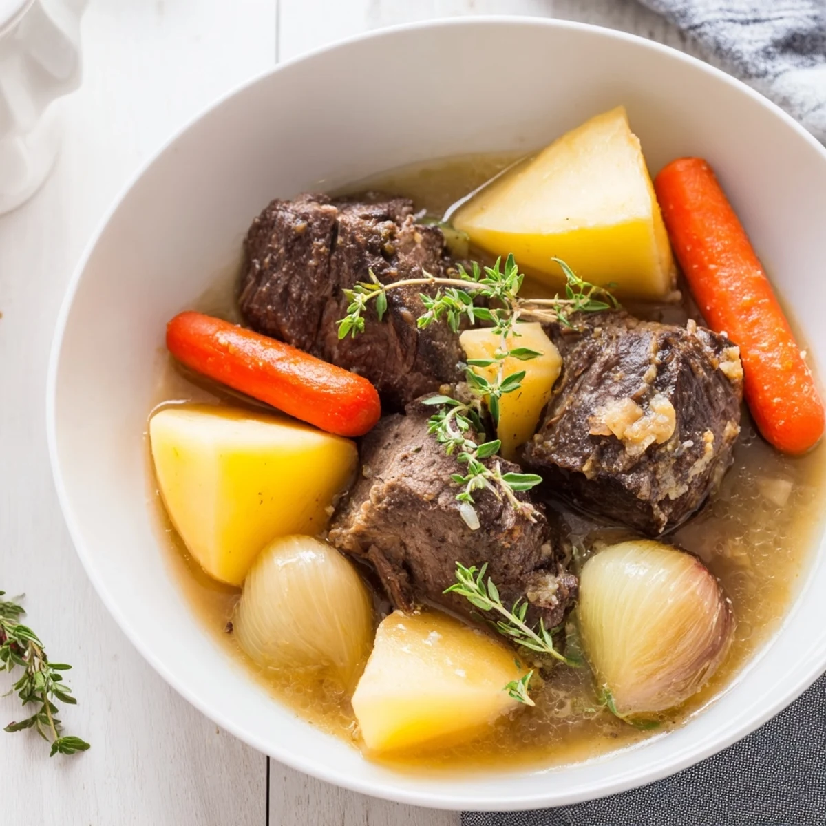 Homemade Authentic Pot-au-Feu with crusty bread and cornichons, a comforting French family meal.