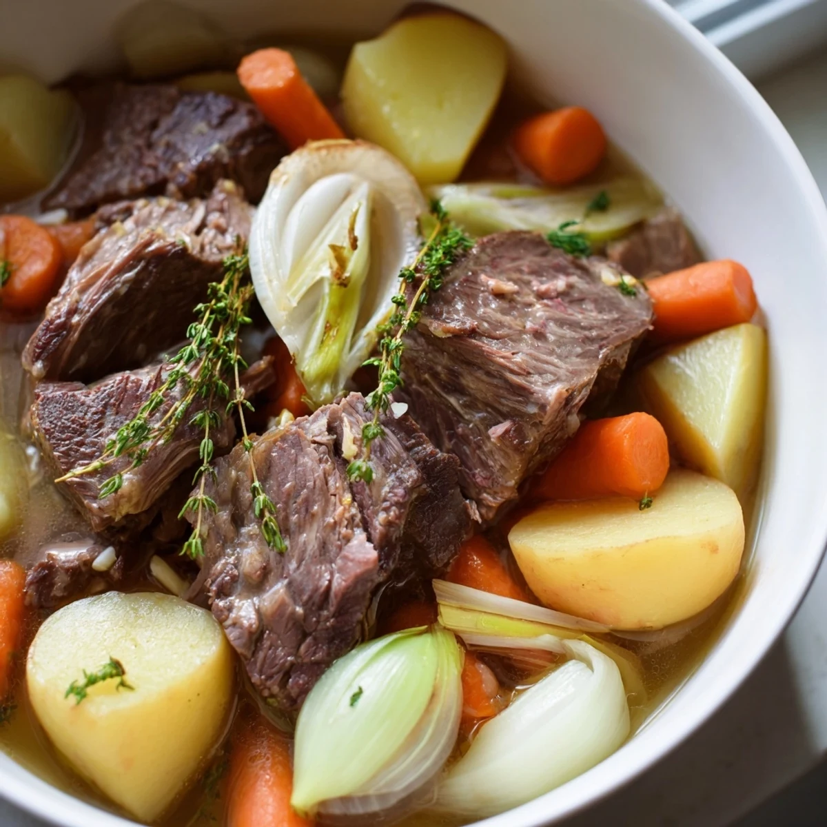 Golden, slow-cooked Authentic Pot-au-Feu, featuring fall-apart beef and hearty vegetables in rich broth.