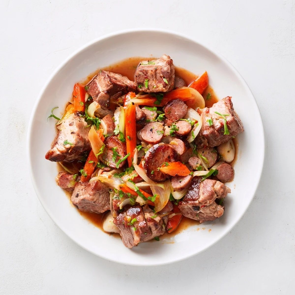 Steaming bowl of spicy Sriracha Bigos Fusion: a hearty winter stew with chunks of meat.