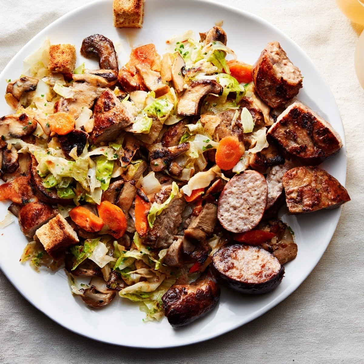 Close-up of a bubbling Sriracha Bigos Fusion, served in a rustic bowl, with hearty, delicious ingredients.