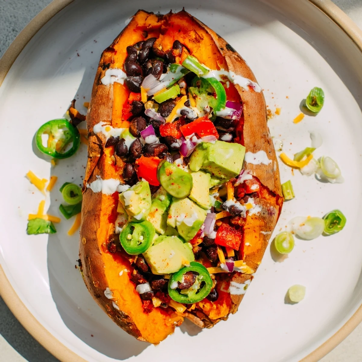 Steaming loaded baked sweet potatoes bursting with a colorful black bean filling and creamy yogurt drizzle.