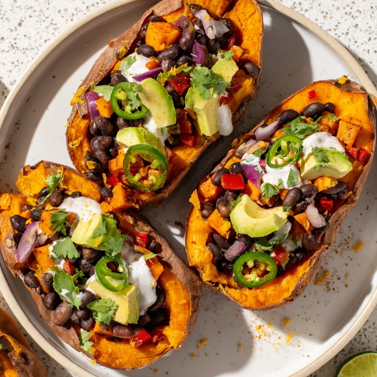 A close-up of fully loaded baked sweet potatoes with vibrant toppings, perfect for a satisfying, vegetarian meal.