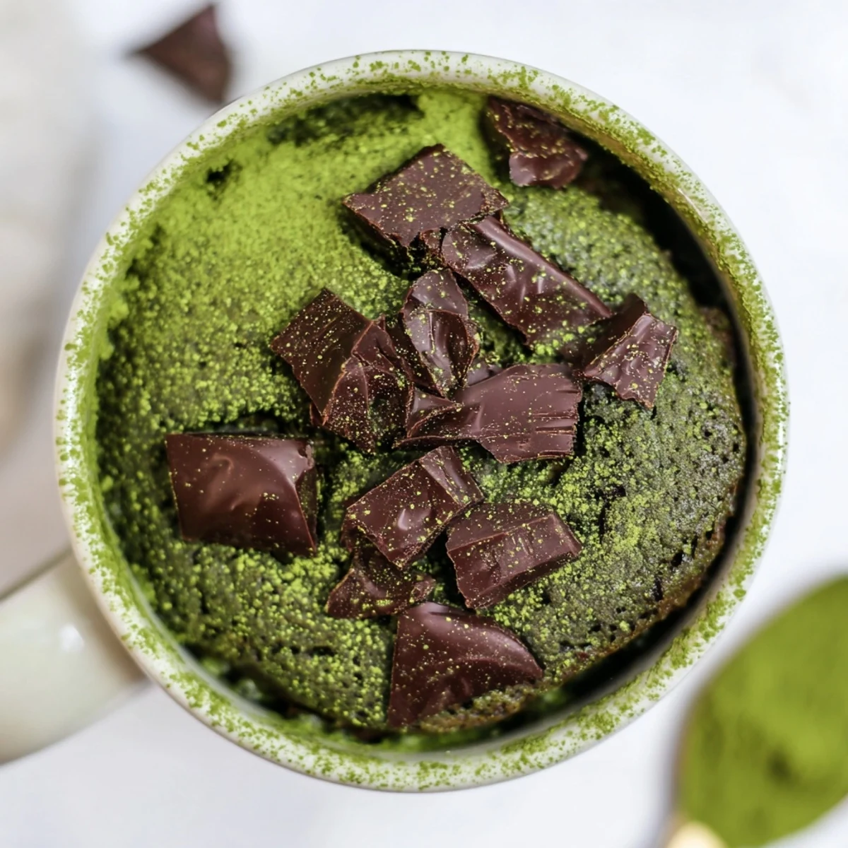Steaming Matcha Peppermint Brownie Batter Mug Cake, a warm treat with visible chocolate chips, ready to devour.