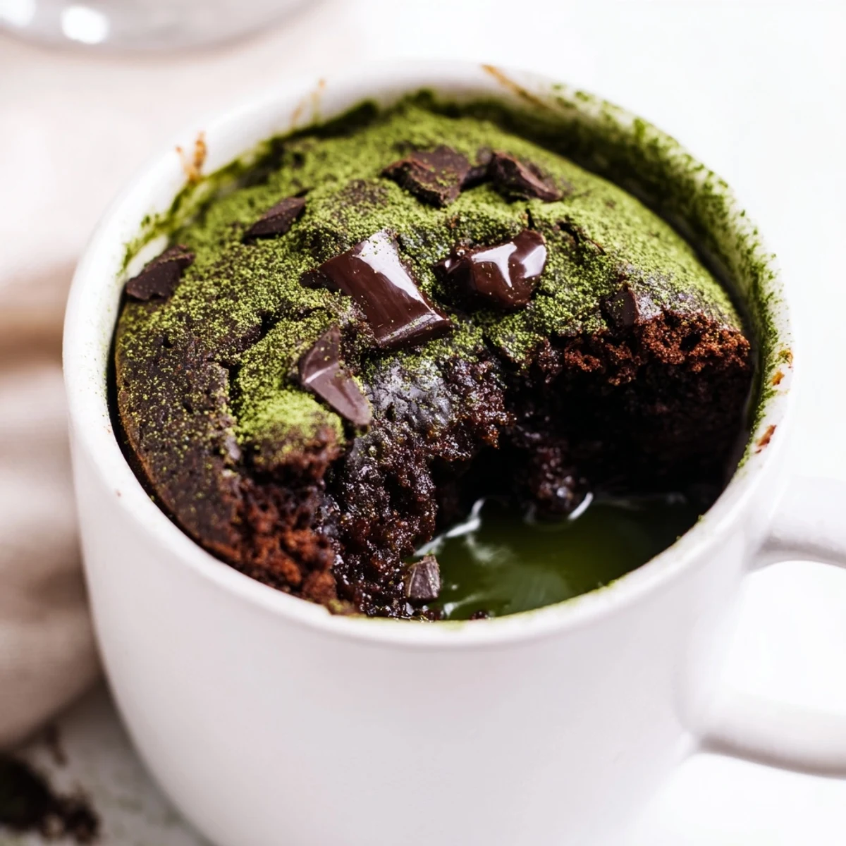 Close-up of a perfectly cooked Matcha Peppermint Brownie Batter Mug Cake in a mug, drizzled with rich flavor.