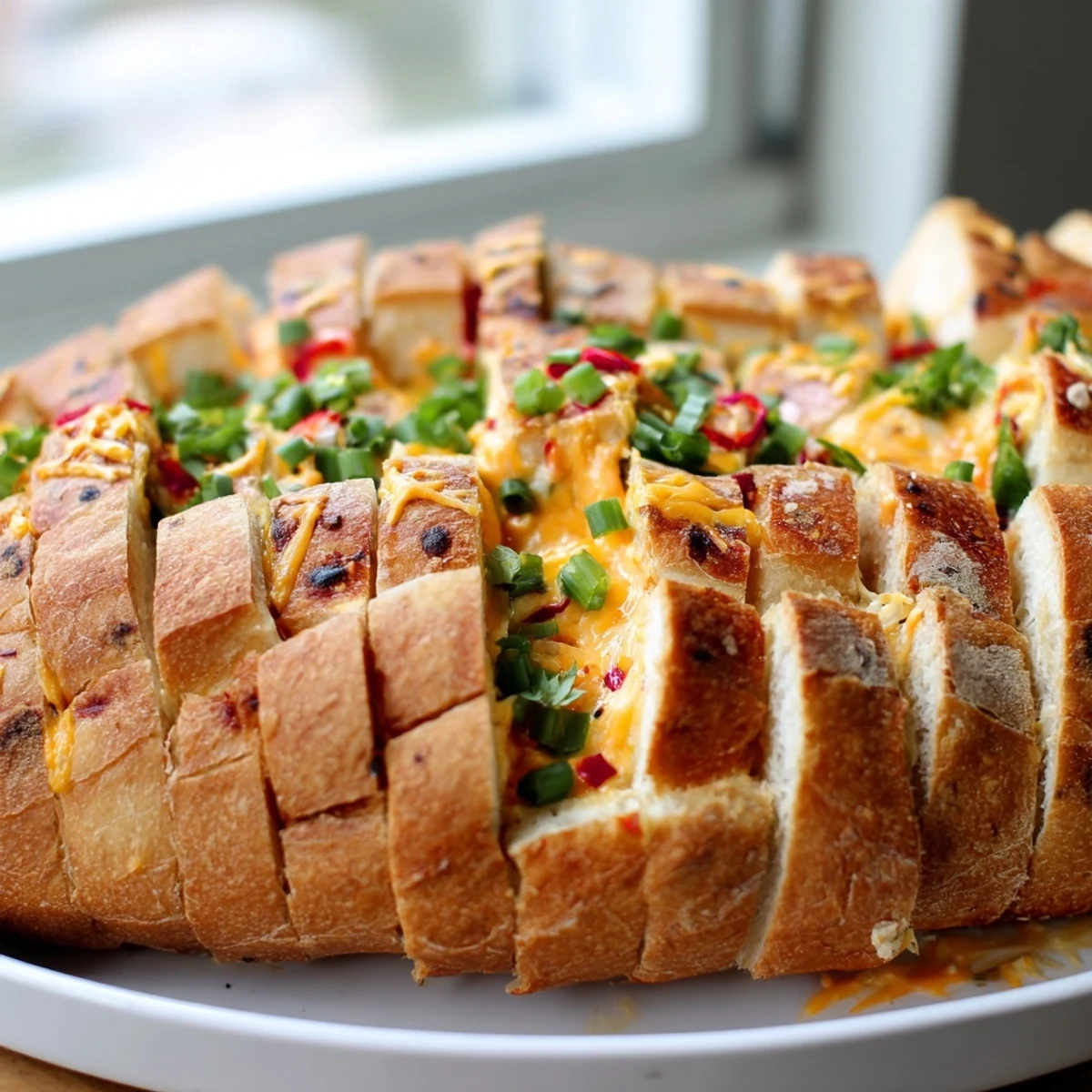 This vibrant image shows a baked Pimento Cheese & Jalapeño Pull-Apart Grilled Cheese, ready to be shared.