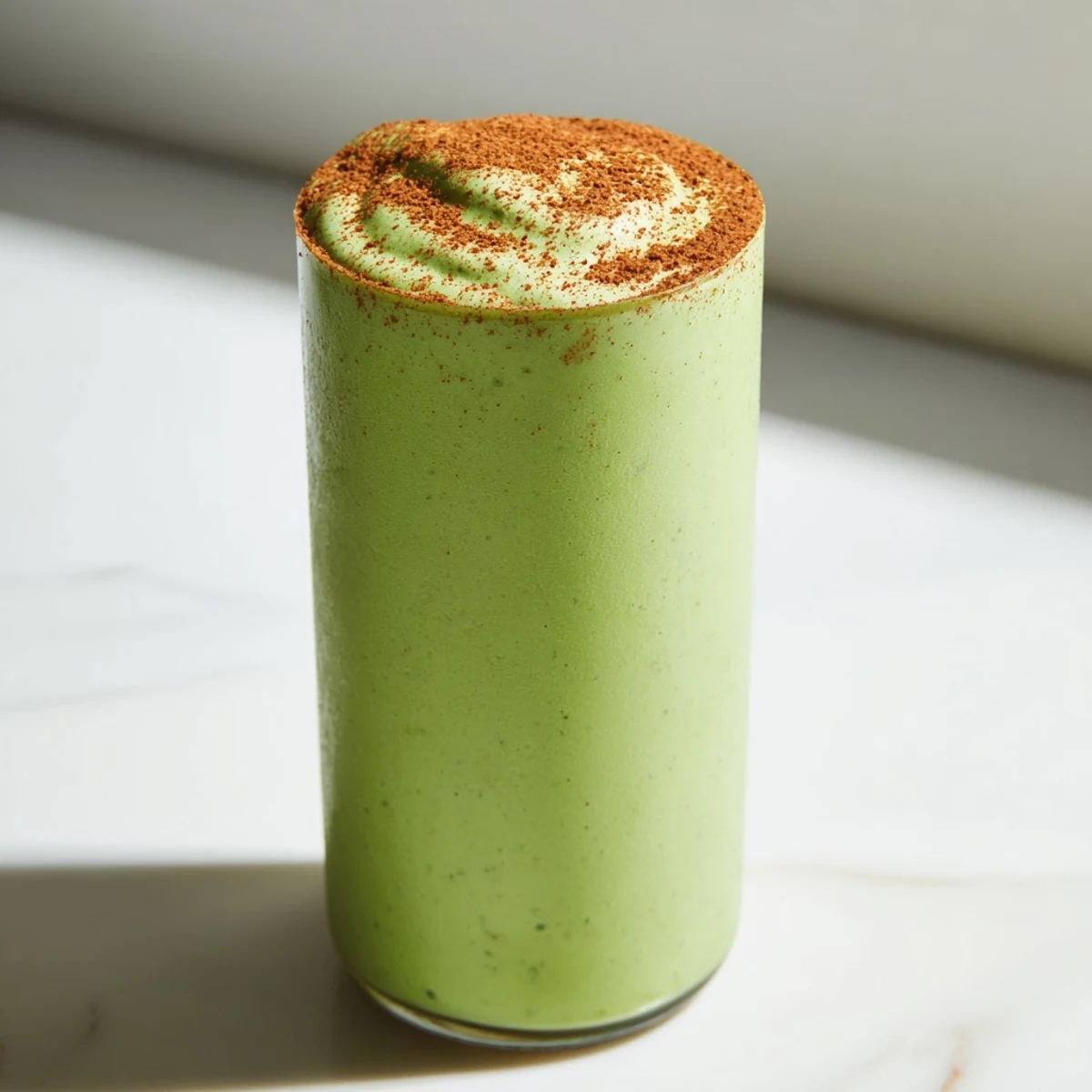 Creamy Matcha Snickerdoodle protein shake, cold and smooth, perfect for a quick, healthy breakfast.