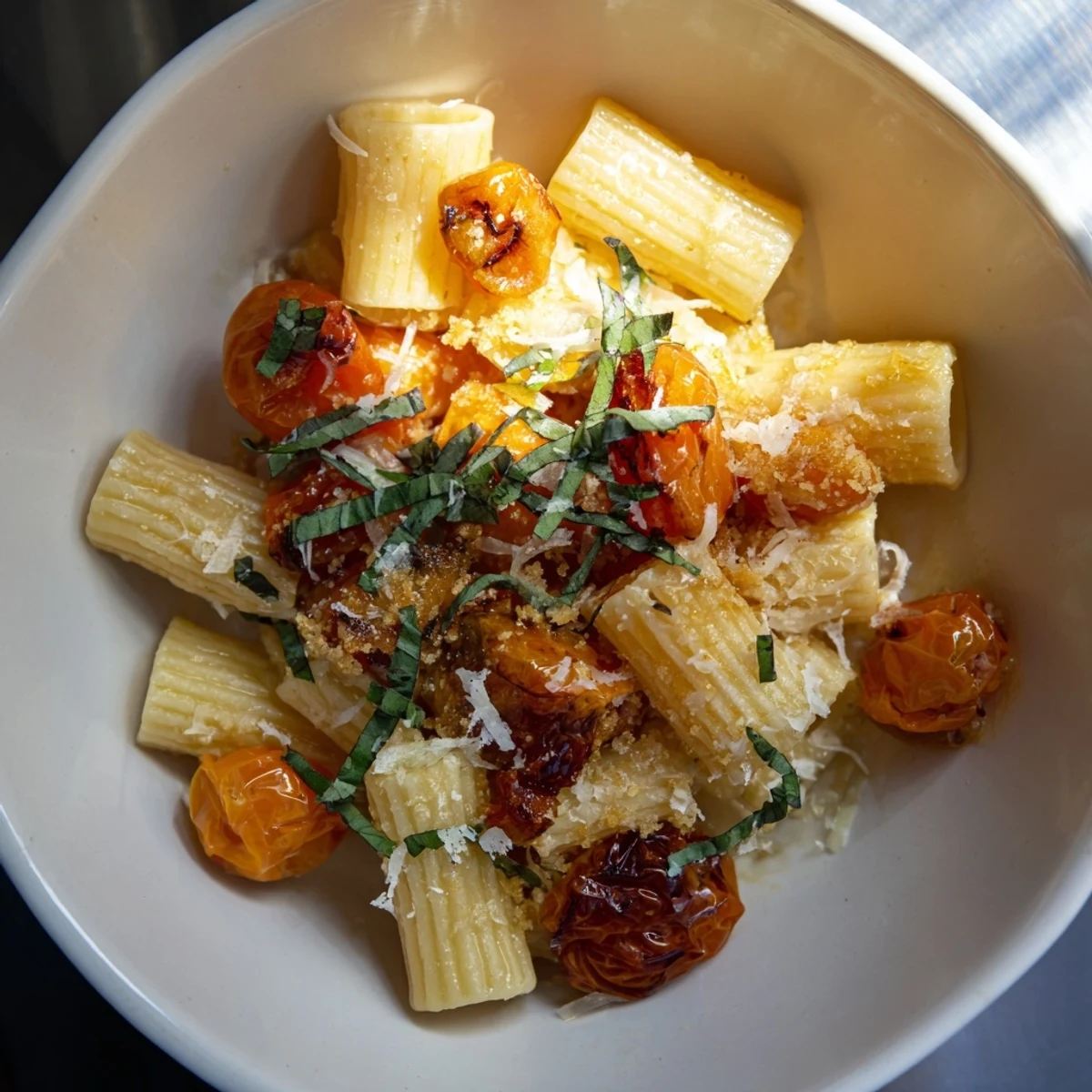 Baked goat cheese pasta garnished with fresh basil; a beautiful Italian-inspired main dish.