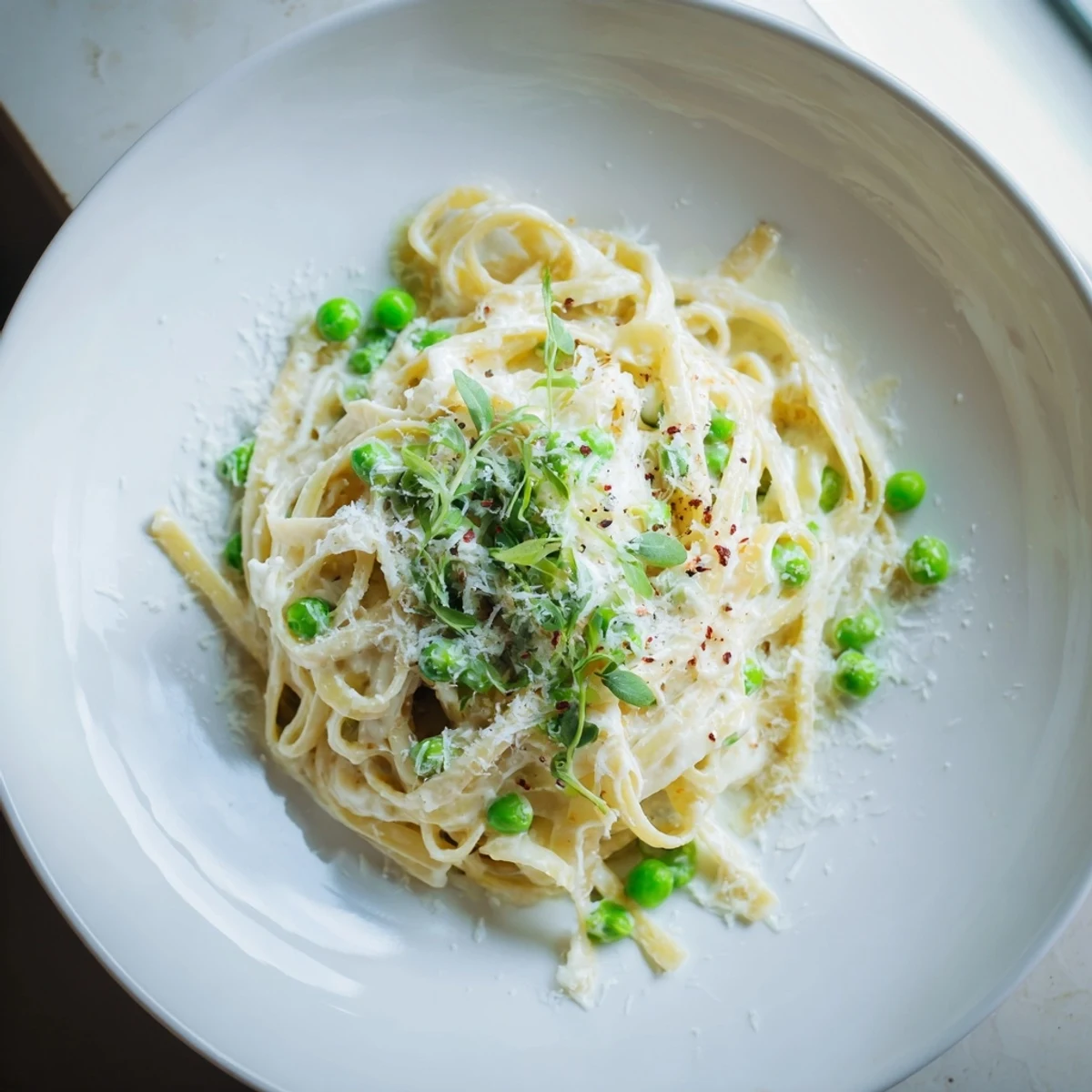 A close-up of delicious Creamy Greek Yogurt Spinach Alfredo Pasta, ready to serve with extra Parmesan cheese.
