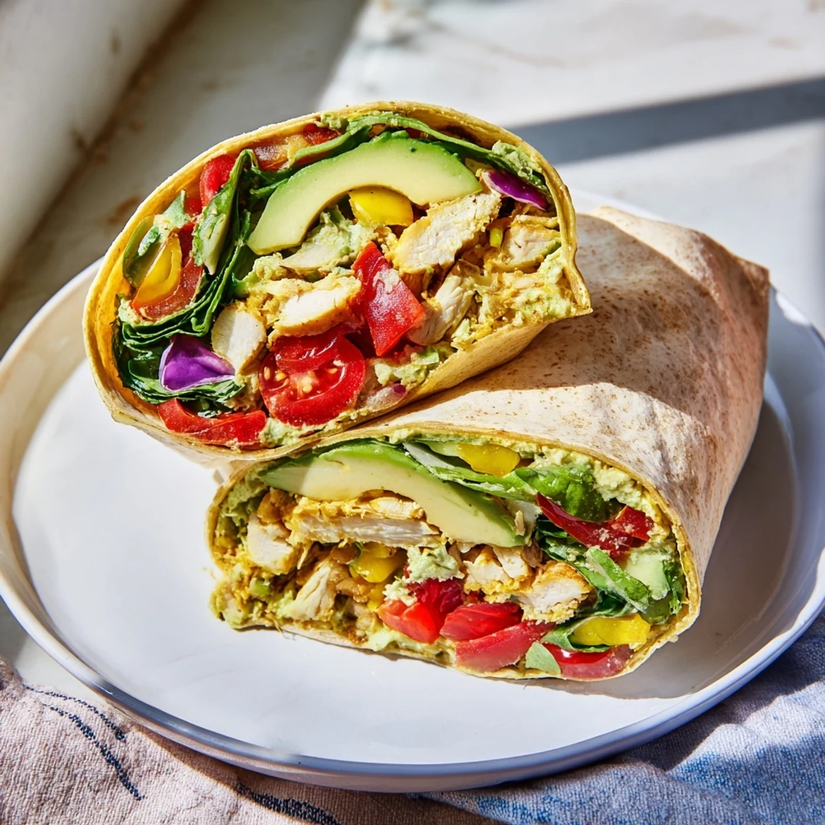 Vibrant photo: sheet-pan fajita chicken wraps filled with colorful veggies and juicy chicken, ready to eat!