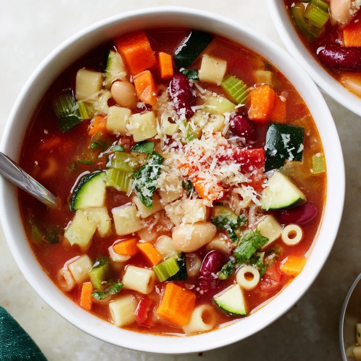 A warm bowl of the vibrant Veggie-Packed Minestrone Christmas Pasta Pot, with fresh parsley and cheese.
