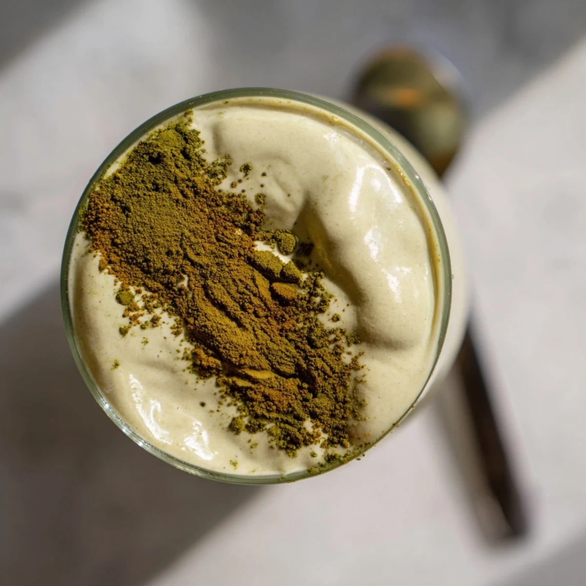 Matcha Eggnog Collagen Breakfast Smoothie, a vibrant green smoothie, creamy and frothy with nutmeg.