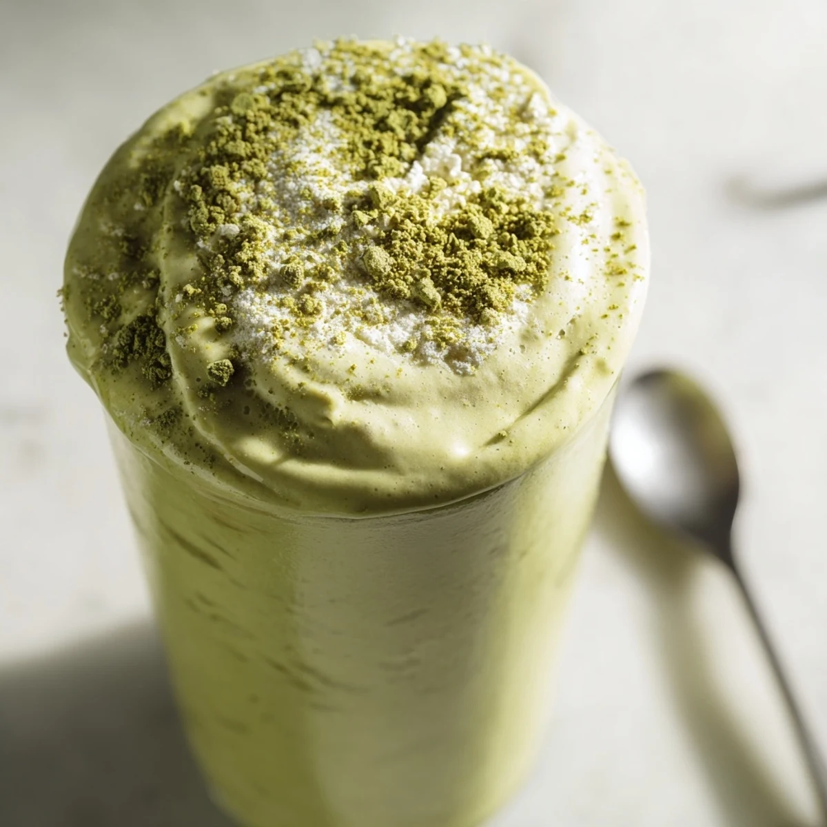 Served chilled: Matcha Eggnog Collagen Breakfast Smoothie, offering flavors of Christmas in a breakfast beverage.