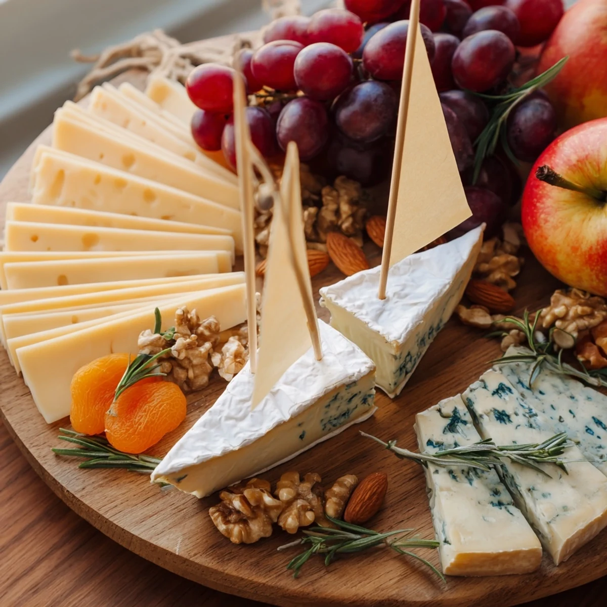 Elegant sailboat cheese platter, featuring brie, grapes, and crackers, perfect for easy entertaining.