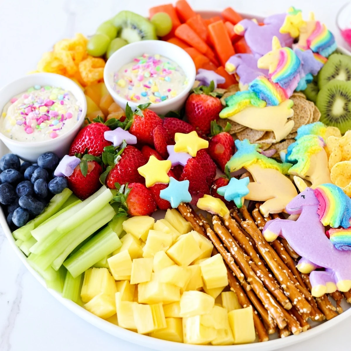 Unicorn Party Platter offers a colorful display of fruits, veggies, and treats for a magical feast.