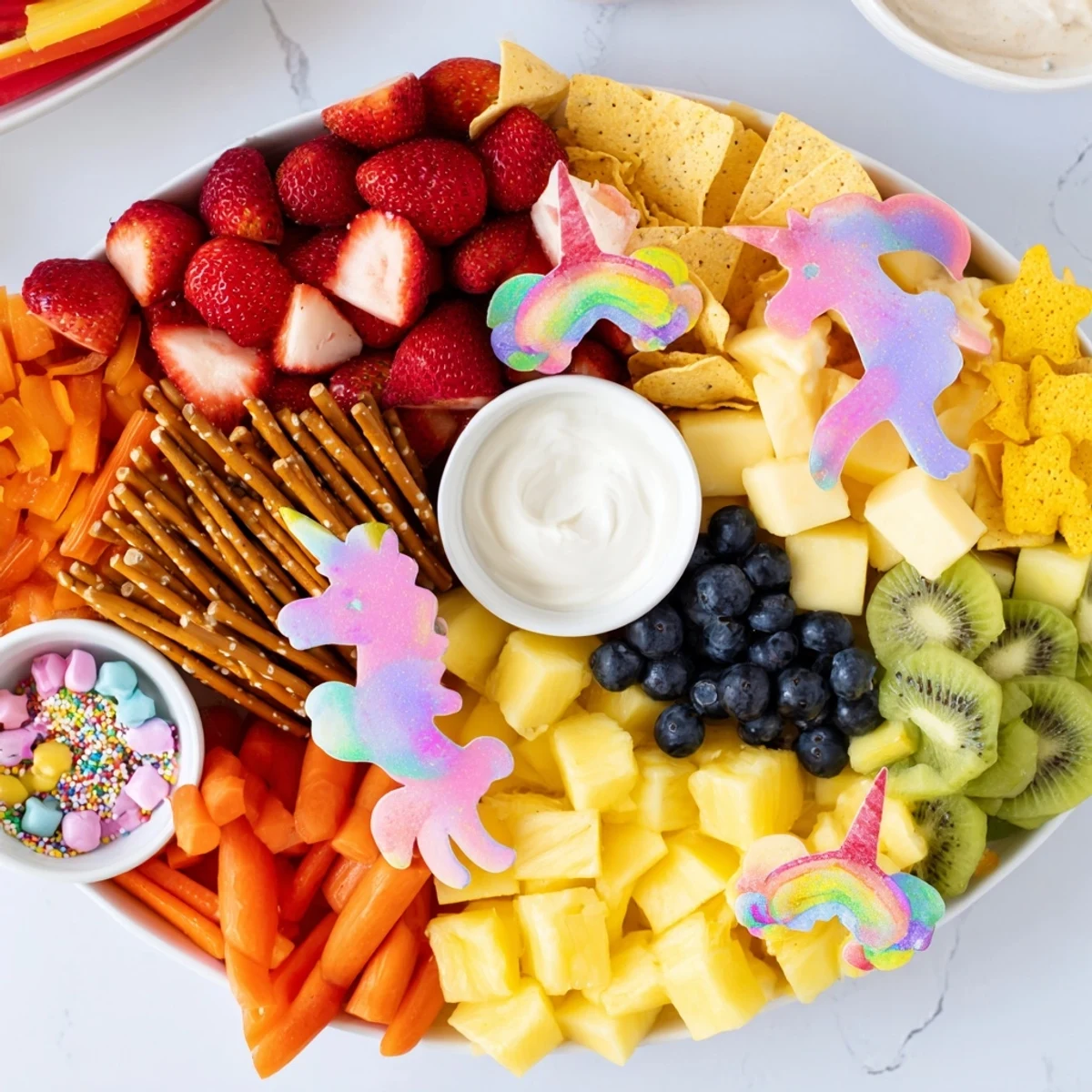 A delightfully arranged Unicorn Party Platter, perfect for a celebration, ready to be enjoyed!