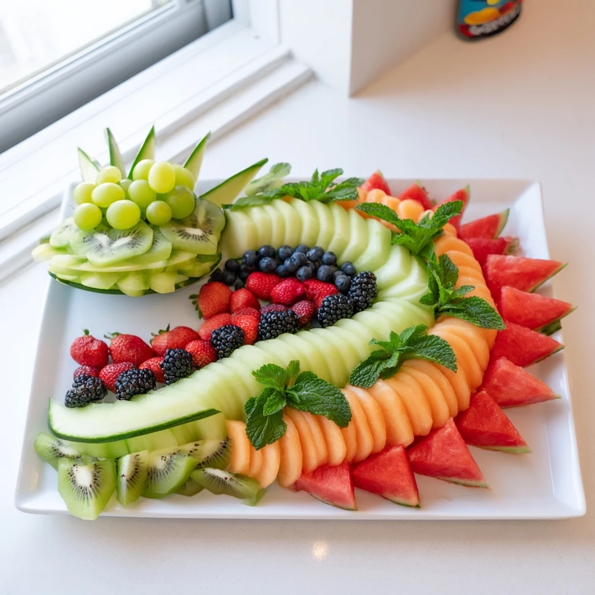 Vibrant dragon-shaped fruit tray, overflowing with fresh watermelon and colorful grapes for a healthy party snack.