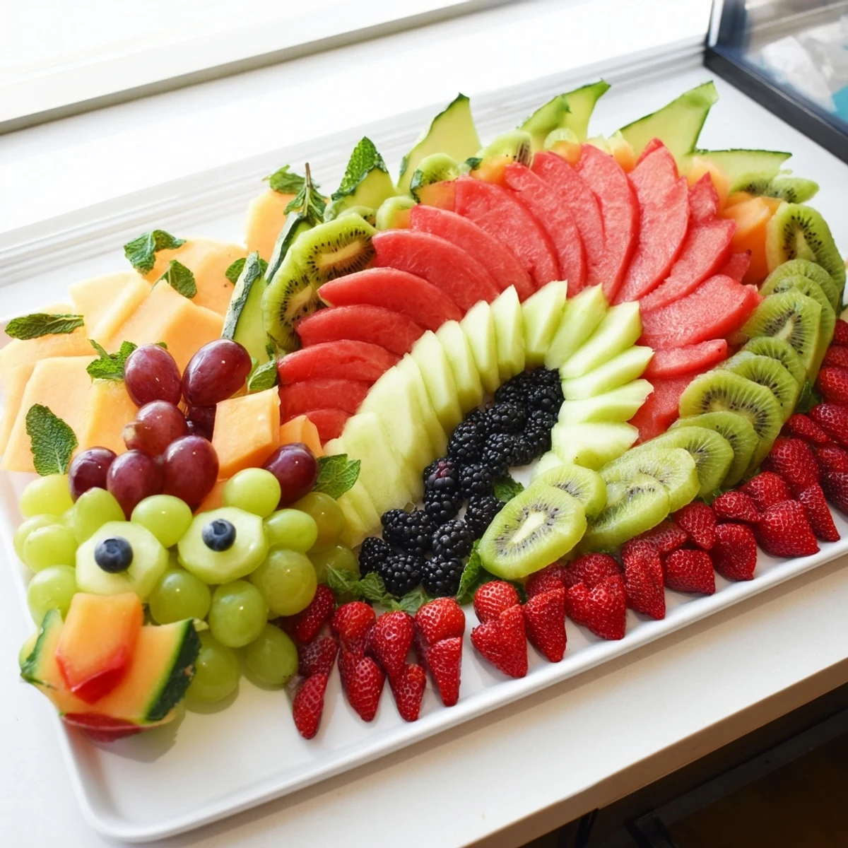 A delicious, healthy dragon-shaped fruit tray featuring juicy strawberries and an array of fresh fruit for serving.