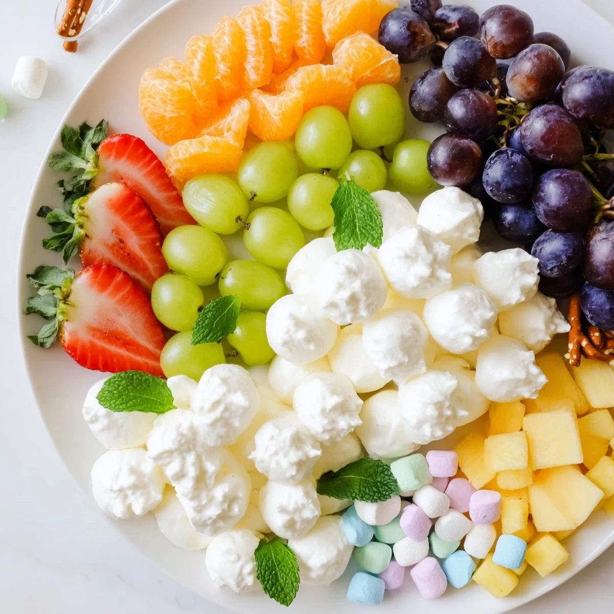 Cloud & Rainbow Grazing Board with colorful fruits, cheeses, crackers, and sweet candies for a festive party.