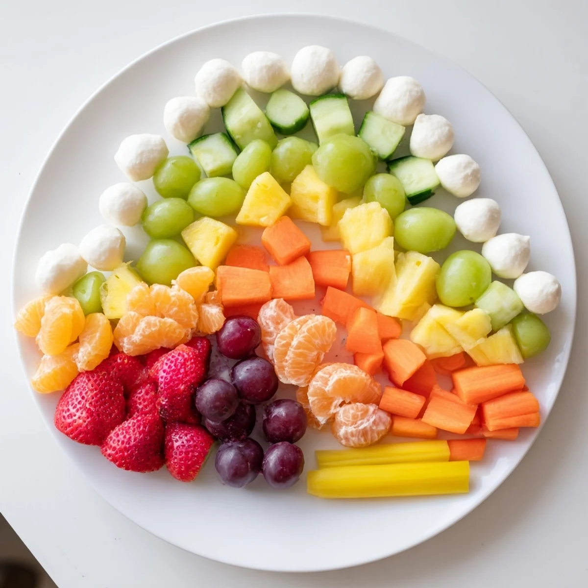 Freshly assembled Rainbow Cloud Snack Board, showcasing a vibrant array of fruits with creamy dips.