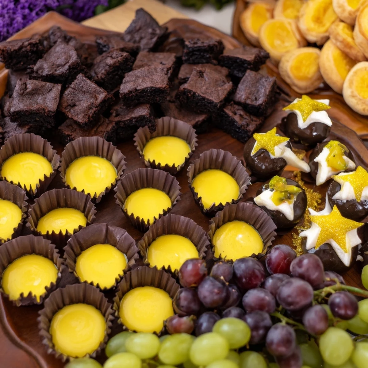 A glistening Star-Studded Dessert Board overflowing with chocolate-covered strawberries and fresh fruit pieces.