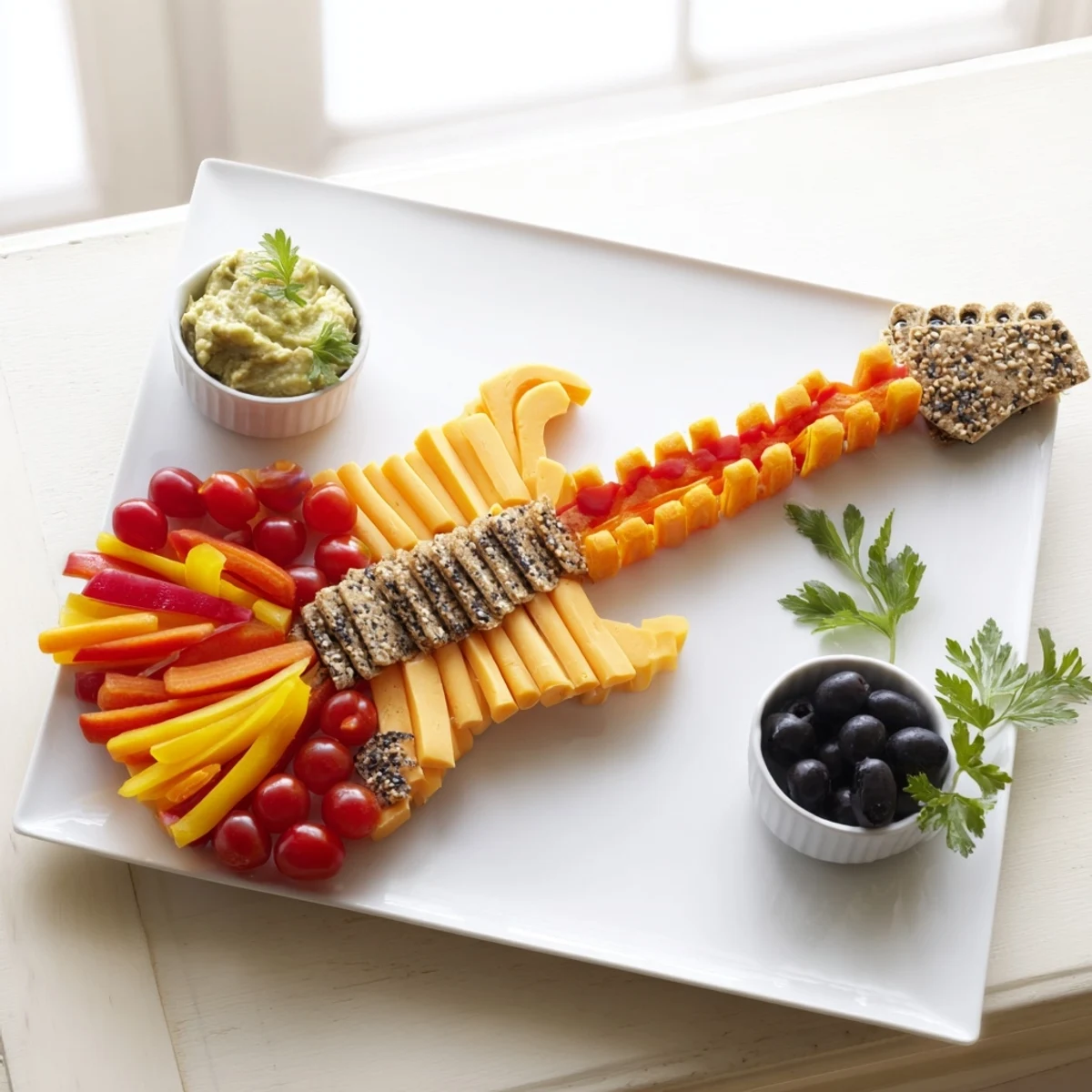 Rock Star Guitar Snack Platter, a visually exciting appetizer with colorful veggies and tasty dips.
