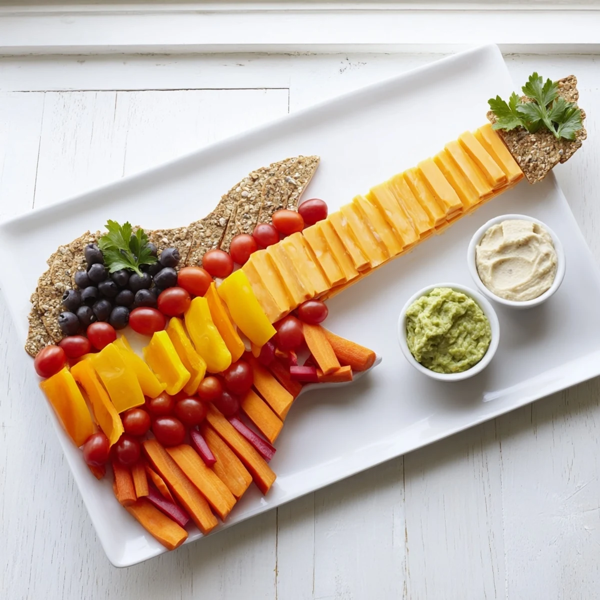 This Rock Star Guitar Snack Platter presents a vibrant arrangement of cheese, meats, and vibrant vegetables perfect for parties.