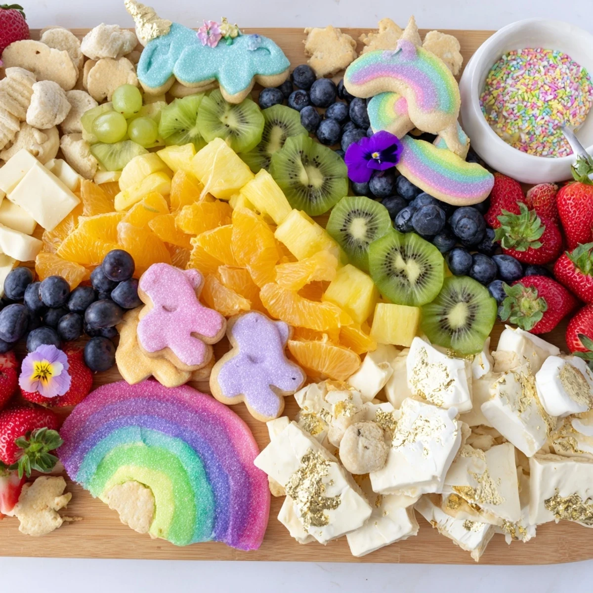 This Magical Unicorn Rainbow Dessert Board presents a visually stunning array of sweets like unicorn cookies.
