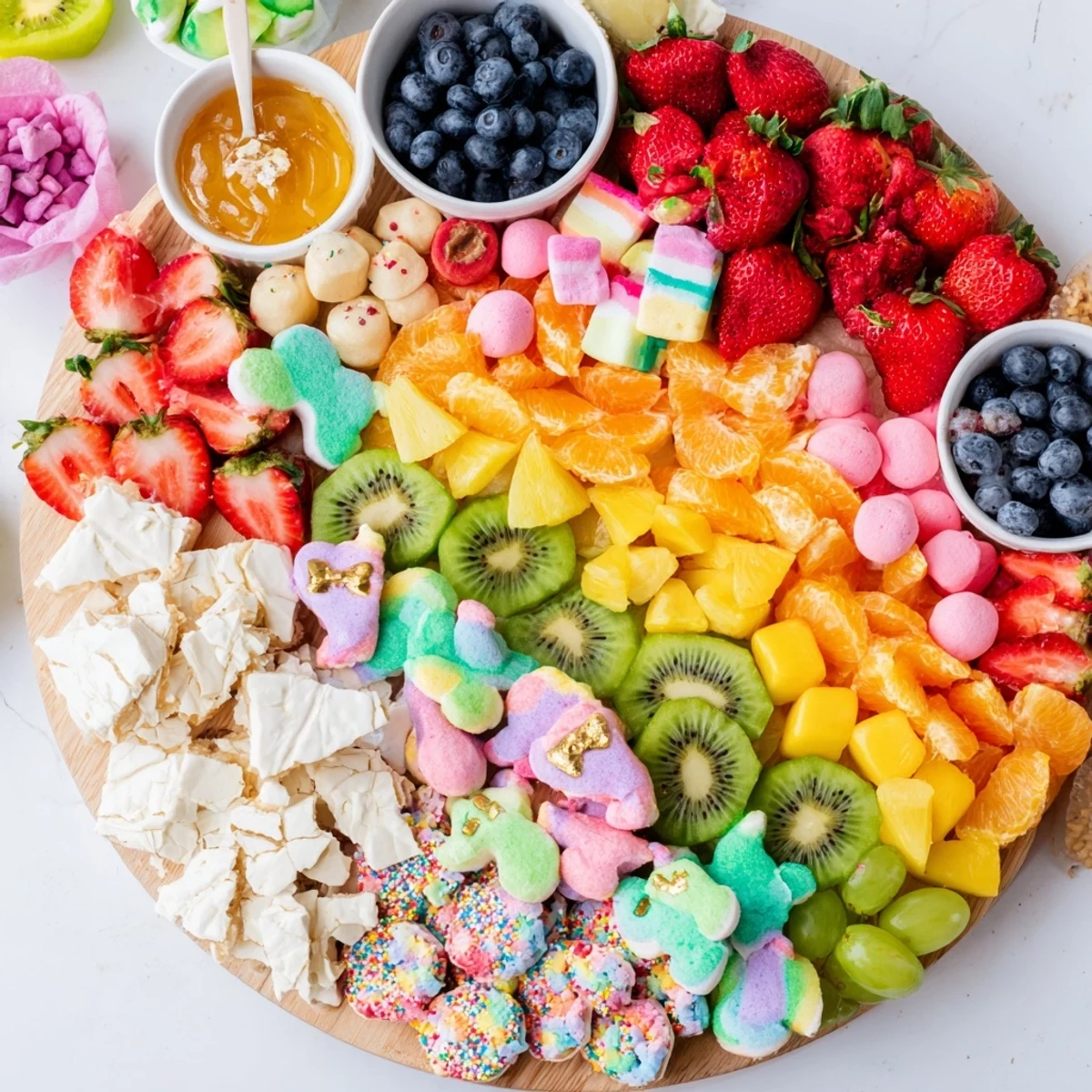 Enjoy delicious fresh fruit and treats on this Magical Unicorn Rainbow Dessert Board, perfect for celebrations!