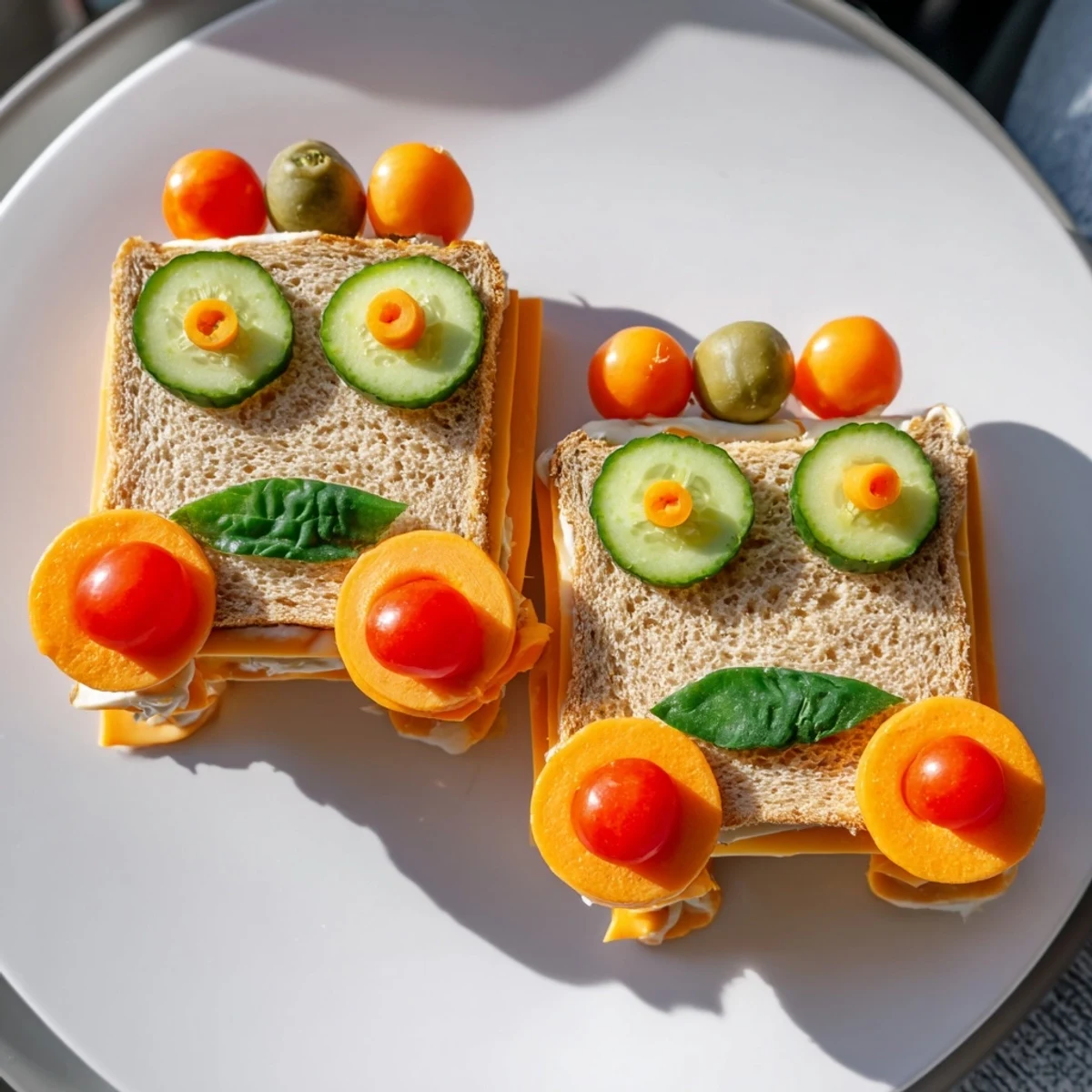 Car-shaped lunch sandwiches with colorful veggies: a delicious road trip ready meal.