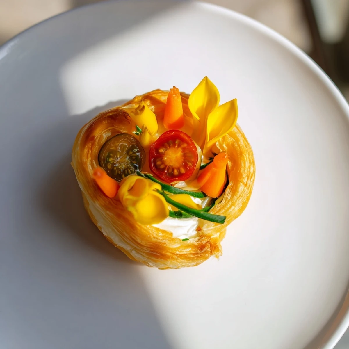 Colorful Fairy Garden Flower Shaped Snacks with a cream cheese center and fresh herb details.