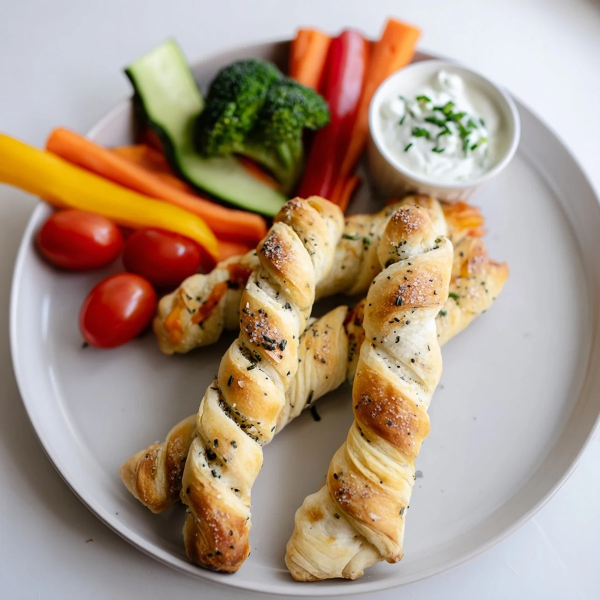 Fresh Dinosaur Bone Prehistoric Crudités appetizer with colorful, crunchy veggies and Greek yogurt dip.