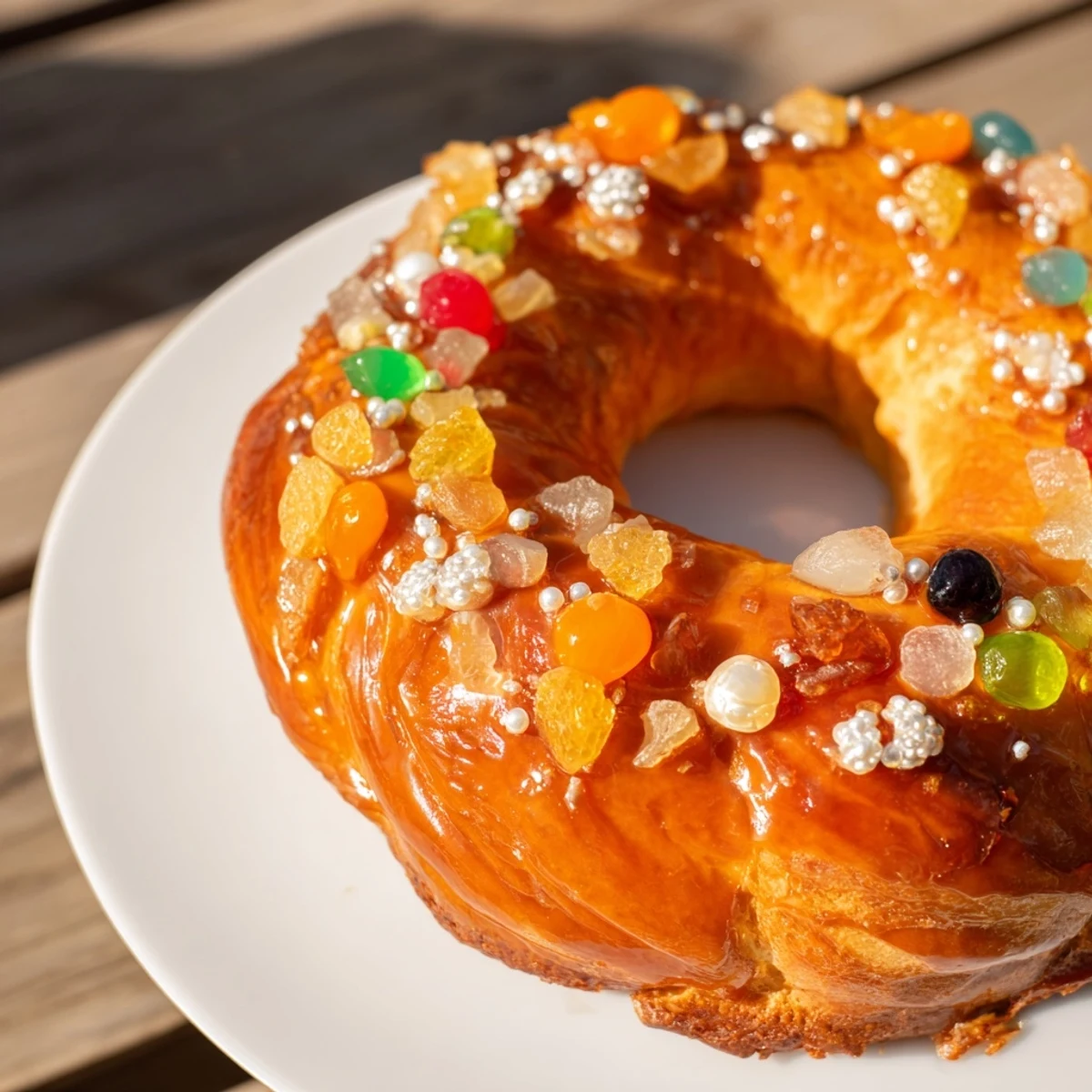 Golden Couronne de Roi Bijoux Sucrés, beautifully crowned with shimmering candied fruits, ready to be enjoyed.