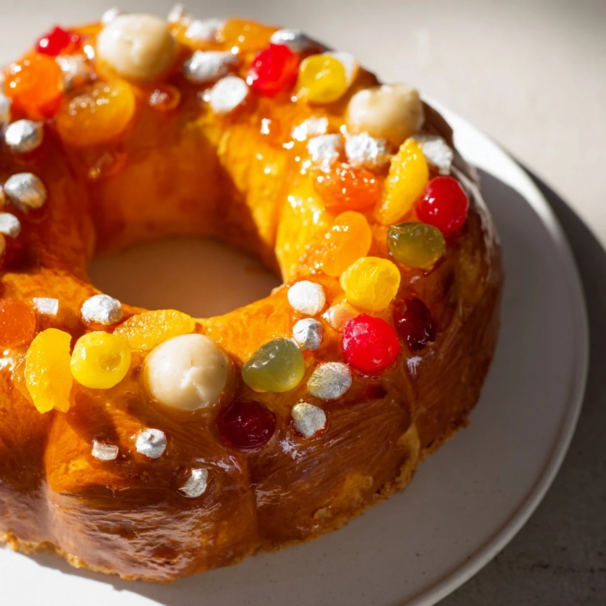 Aromatic French Couronne de Roi Bijoux Sucrés, a stunning crown bread sprinkled with sugared jewels.
