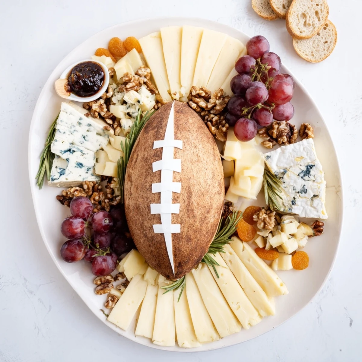 The colorful Rugby Ball Cheese Board features creamy brie, grapes, and flavorful charcuterie perfectly.