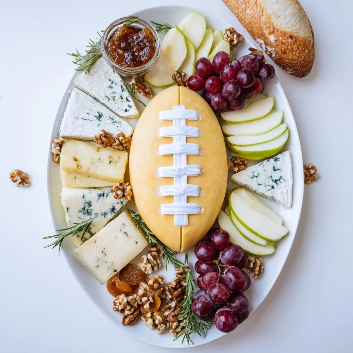 Enjoy the delicious, visually appealing Rugby Ball Cheese Board with a selection of cheeses and crackers.