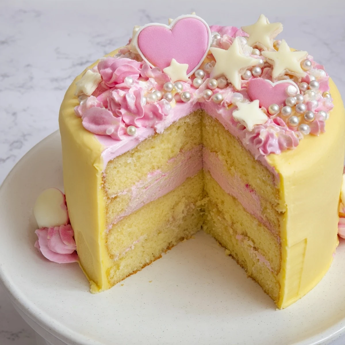 A beautifully decorated Château de Princesse Cœurs et Étoiles cake with pink and yellow frosting, ready to serve.