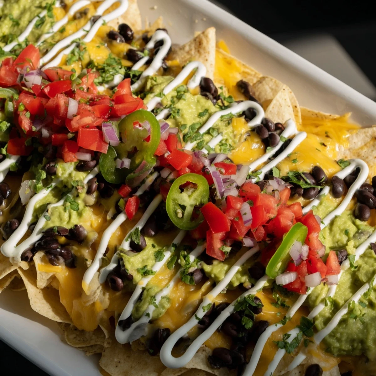 A close-up view of a fully loaded, festive Football Field Nacho Platter, ready for game day.