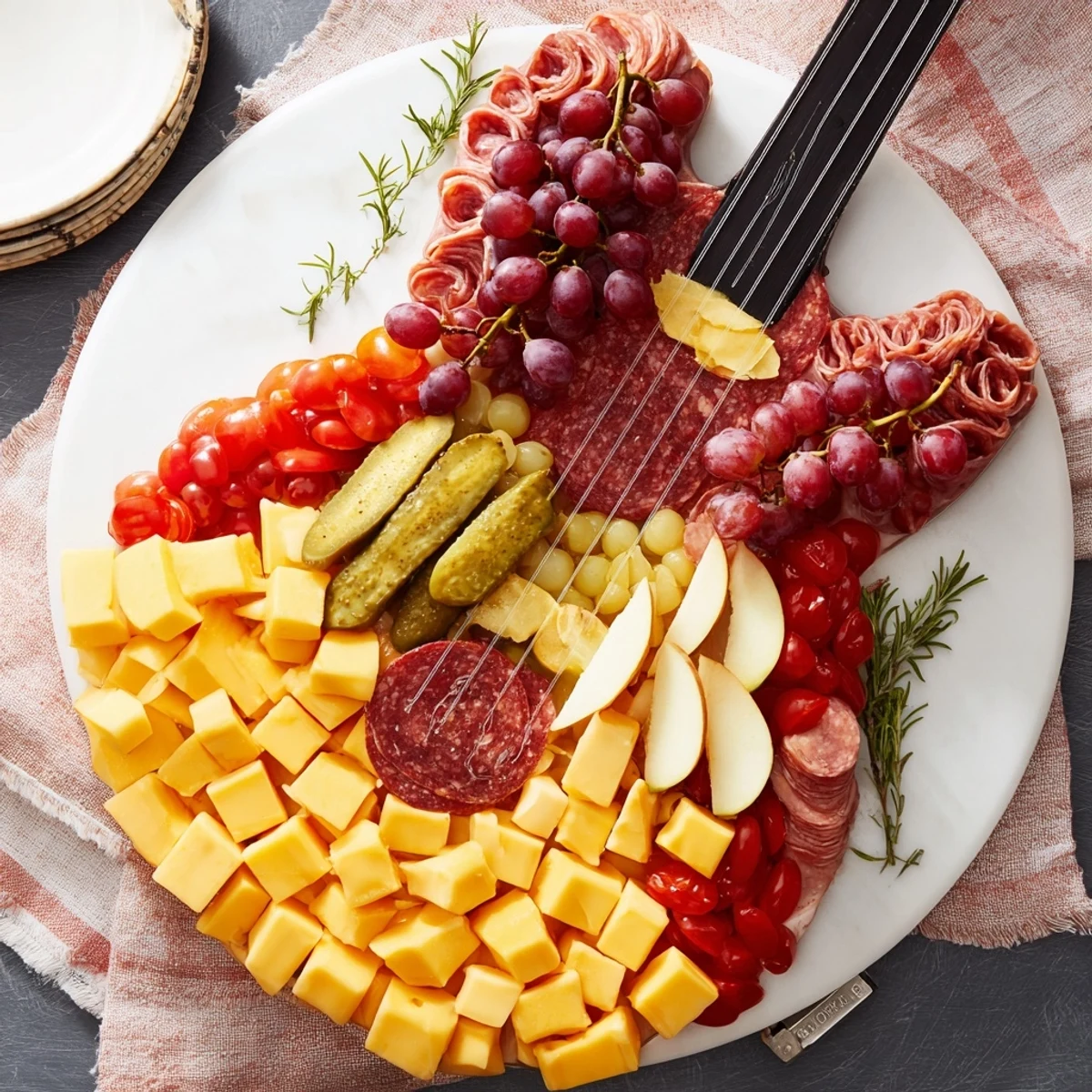 Rock Star Guitar Platter showcasing assorted cheeses, meats, fresh fruits and crackers arranged artfully.