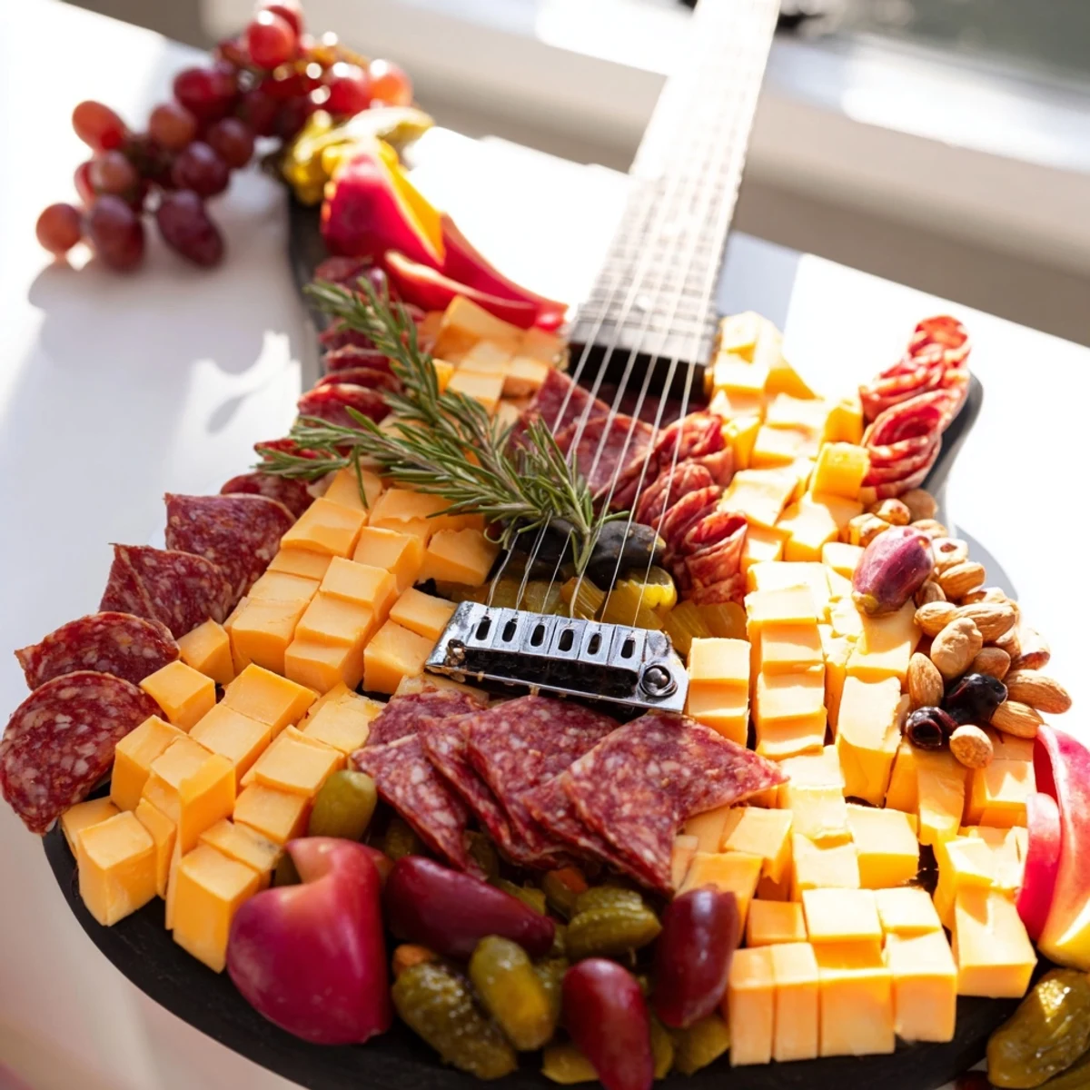 Impressive Rock Star Guitar Platter featuring savory meats and cheeses, perfect for any gathering.